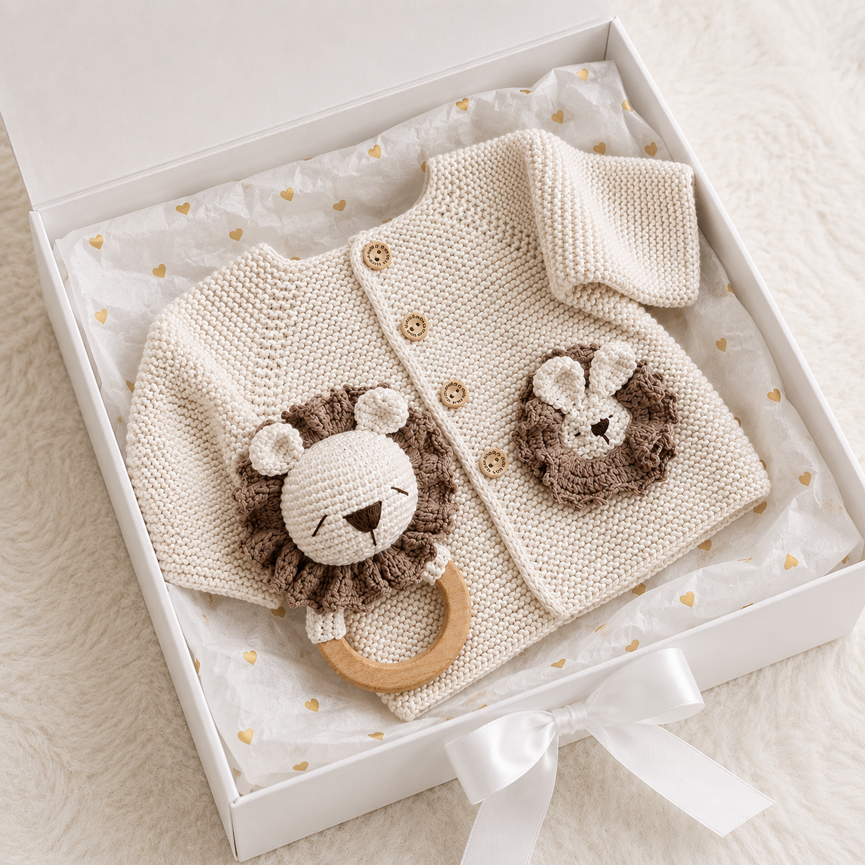 Hand Knitted Newborn Cardigan & Lion Rattle 2-Piece Set