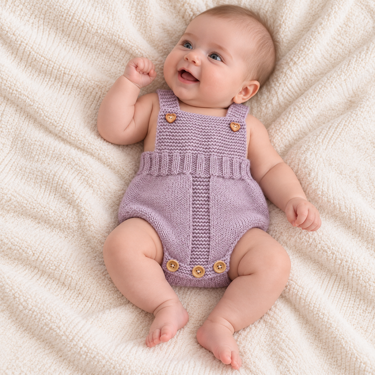 Purple crochet newborn romper with wide bib straps and buttoned legs