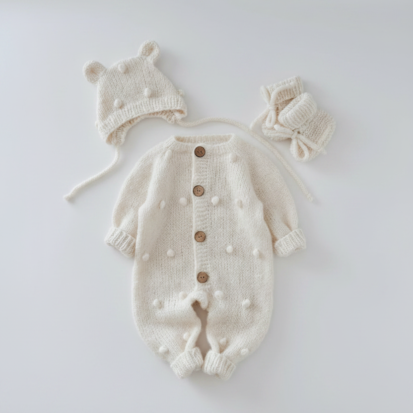 100% Hand Knitted Newborn 3-Piece Set – White Romper, Bonnet & Booties