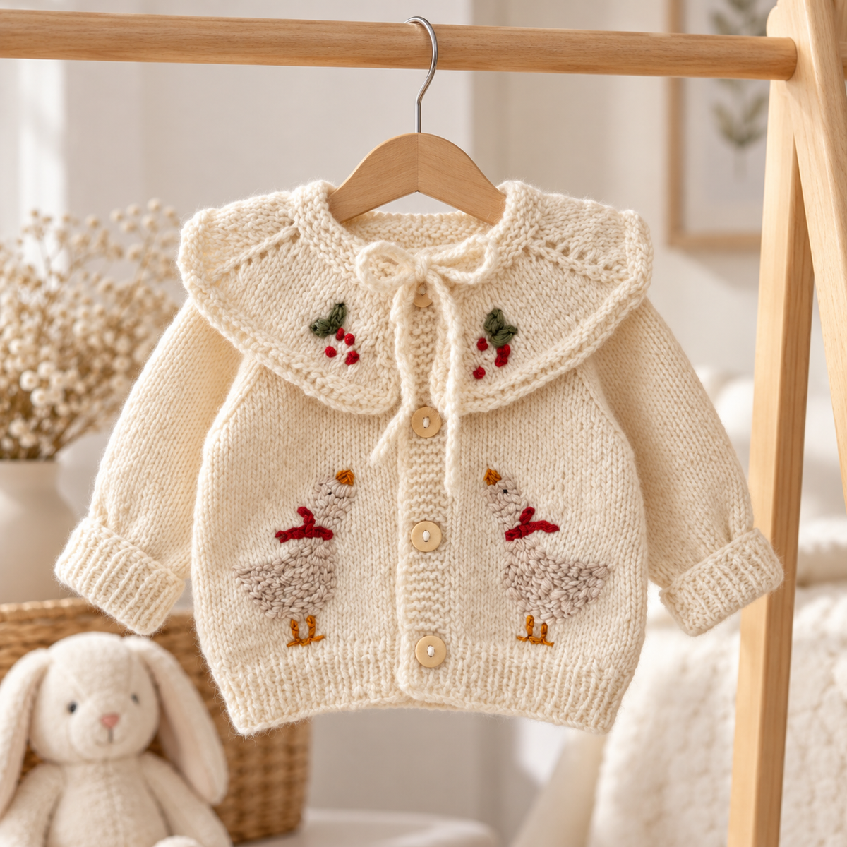 Cream knitted newborn cardigan with embroidered birds, bow collar, button front on hanger