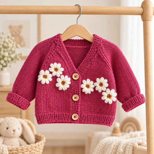 Pink knitted baby cardigan with white daisy appliques and long sleeves on hanger