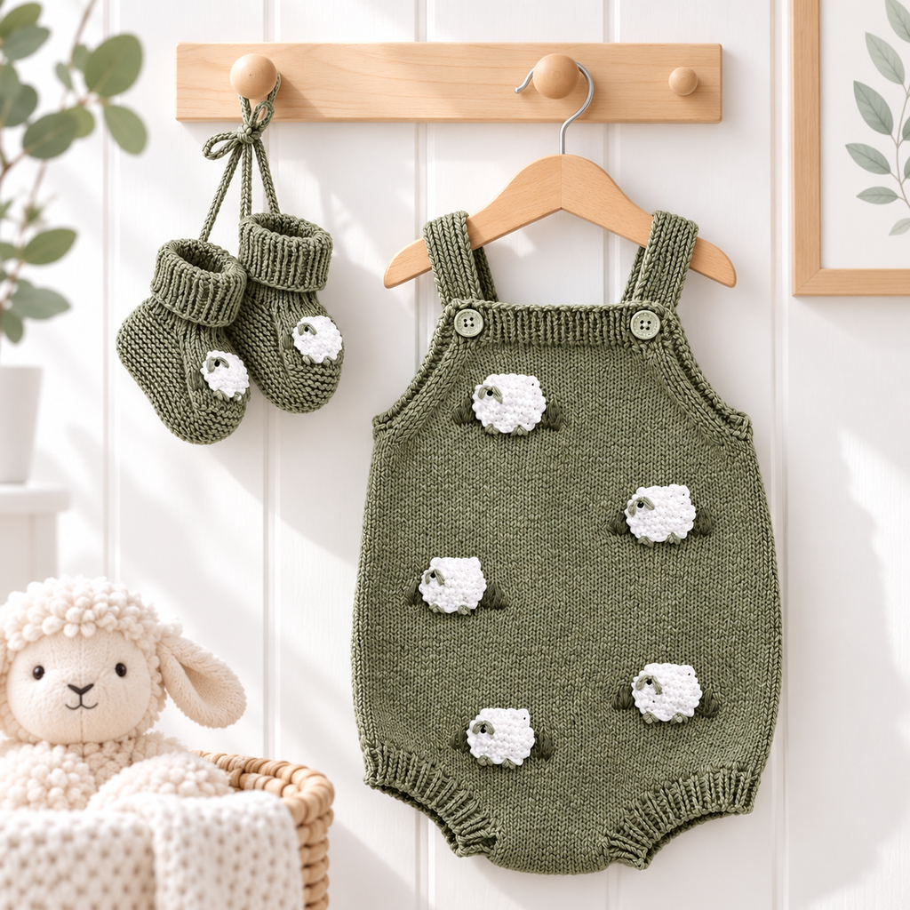 Sage green hand-knitted newborn sheep romper with button straps and knit sheep patches