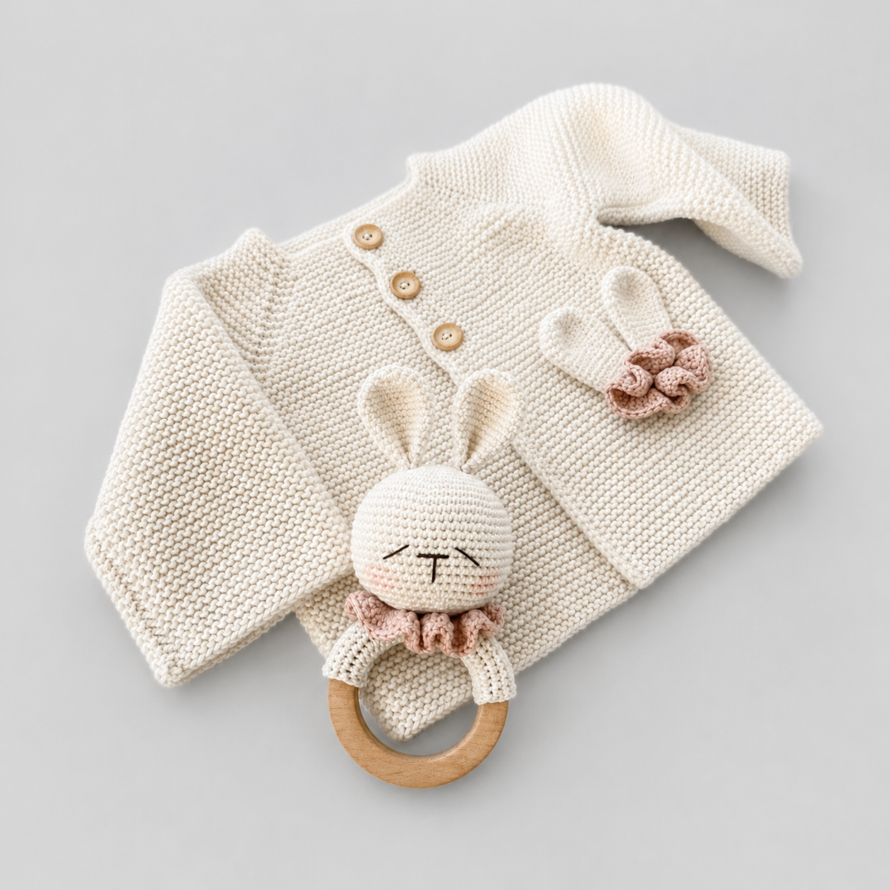 Hand Knitted Newborn Cardigan & Bunny Rattle 2-Piece Set