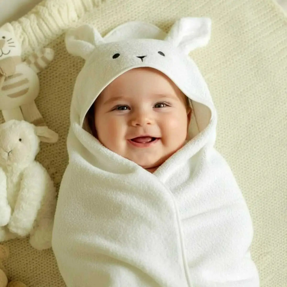 Hooded baby cotton towel with bunny ears, off-white, visible stitched eyes and nose