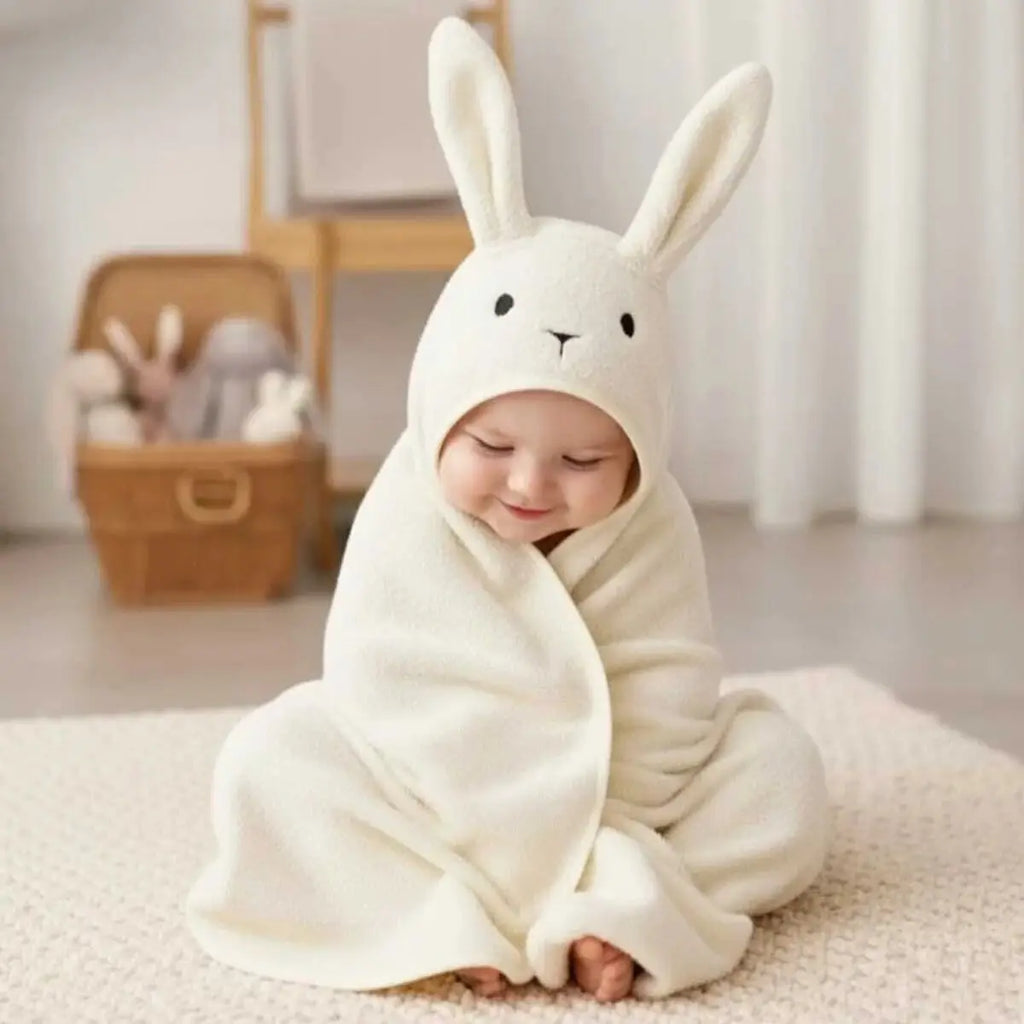 Hooded baby cotton towel with bunny ears, off-white, soft loops and stitched face