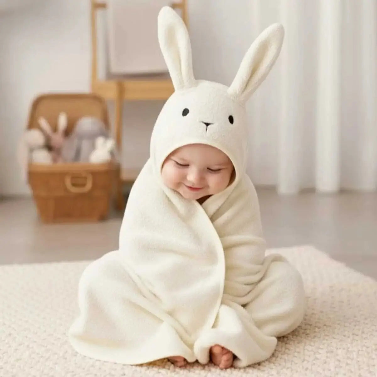 Hooded baby cotton towel with bunny ears, off-white, soft loops and stitched face