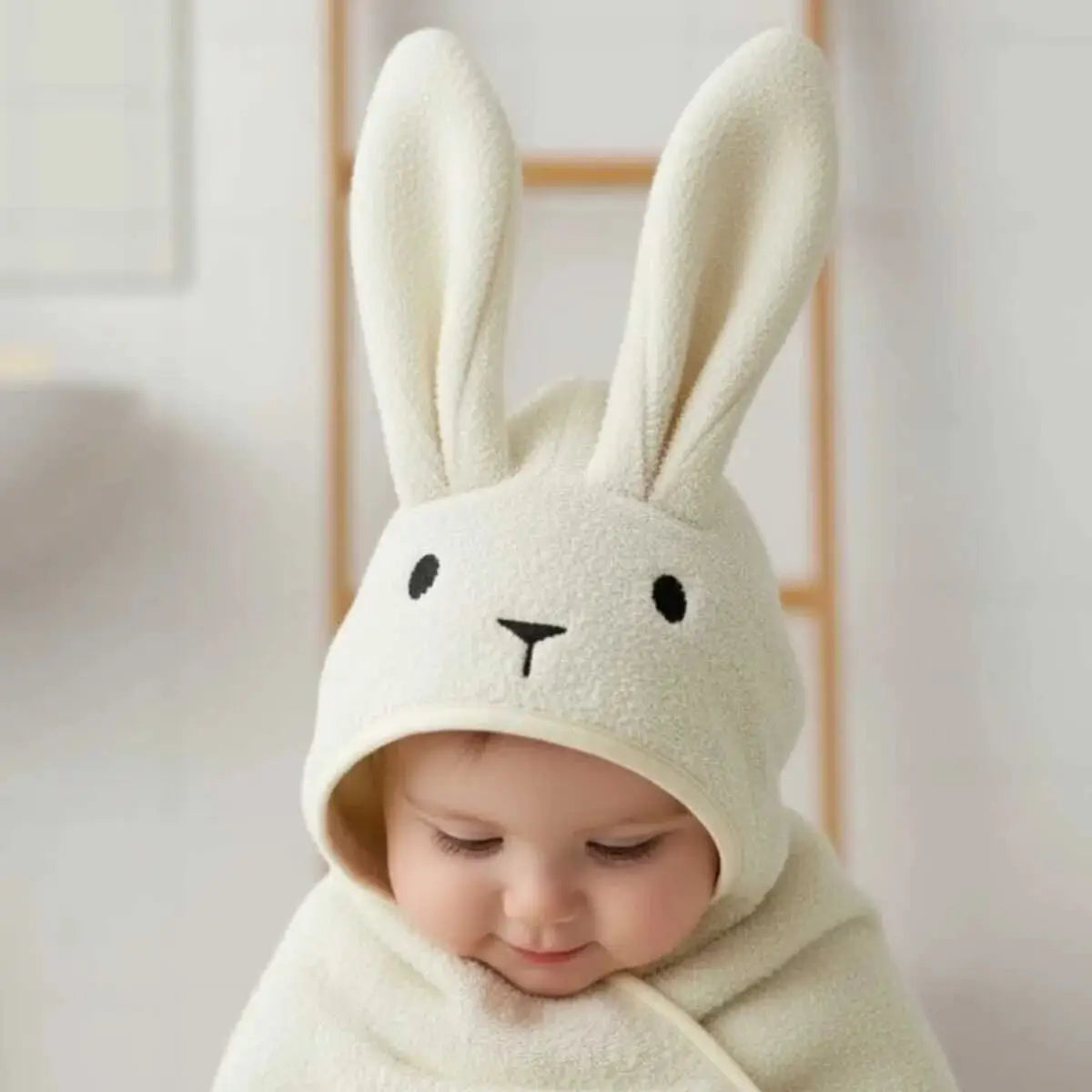 Close-up of bunny-eared hooded baby cotton towel, off-white, with stitched face