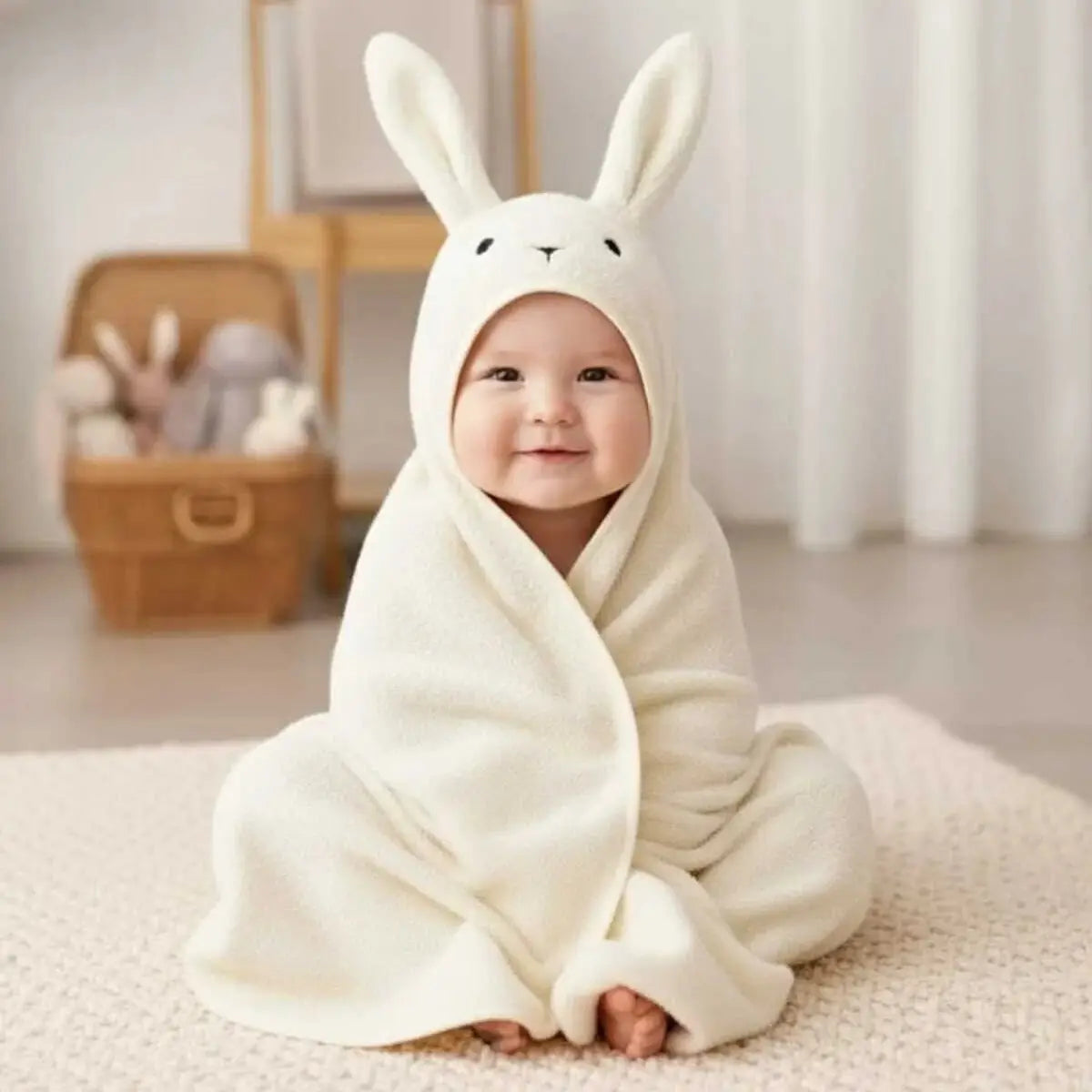 Hooded baby cotton towel with bunny ears, off-white, terry texture, kid wearing it