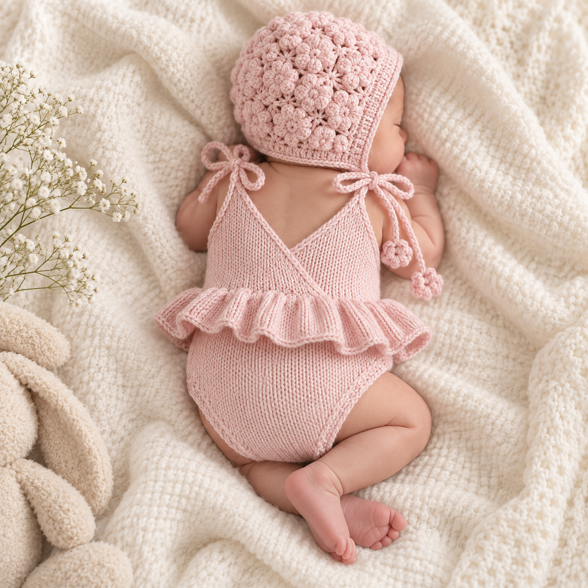 Hand Knitted Newborn 2-Piece Set – Pink Romper & Bonnet – Joy Mini