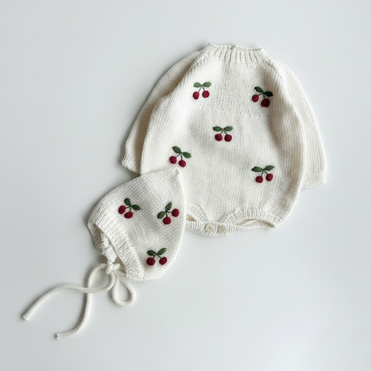 Newborn knitted romper and bonnet set in off-white with cherry embroidery