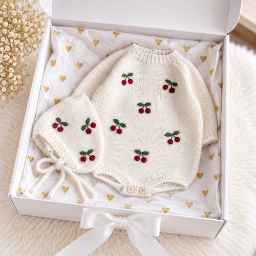 Newborn knitted romper and bonnet in off-white with cherry embroidery, in gift box