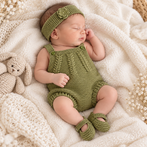 Newborn wearing green knitted romper with matching bonnet and booties on a blanket