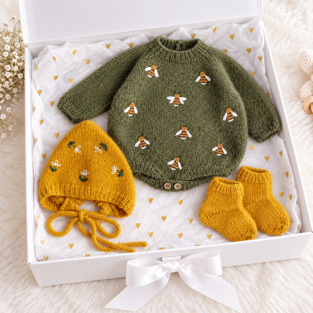 Newborn knit romper set with sage green romper, mustard bonnet and booties, bird pattern