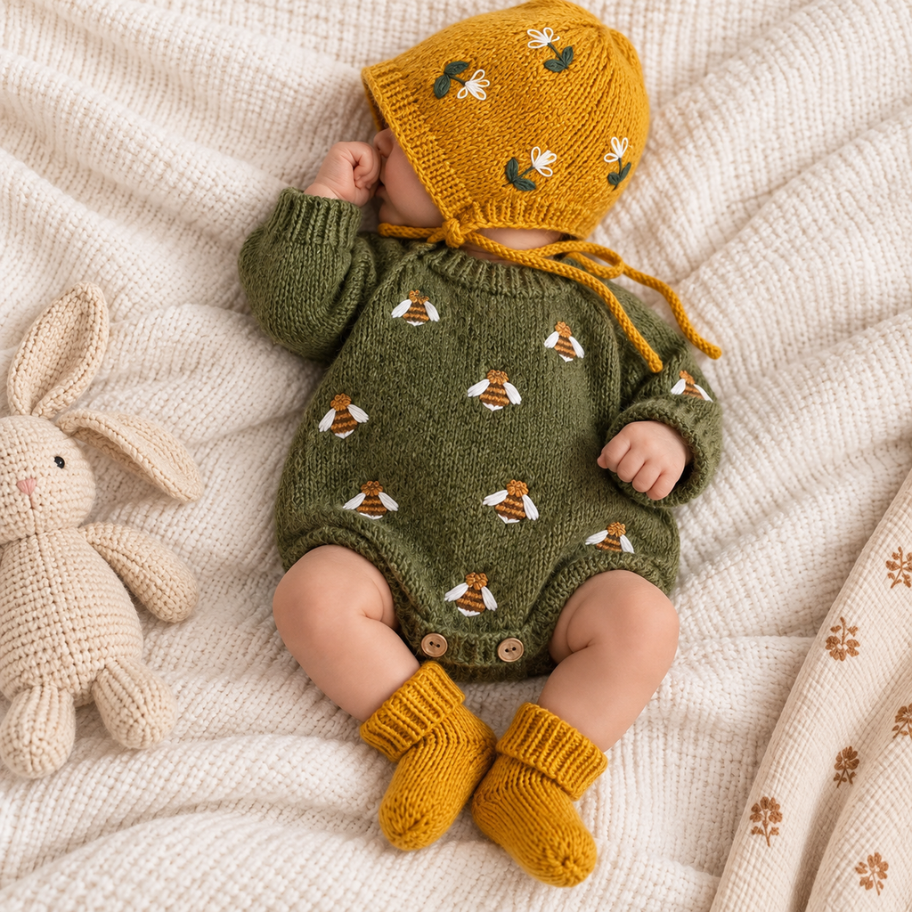 Newborn sage green romper with bird print, mustard bonnet with ties and knit booties