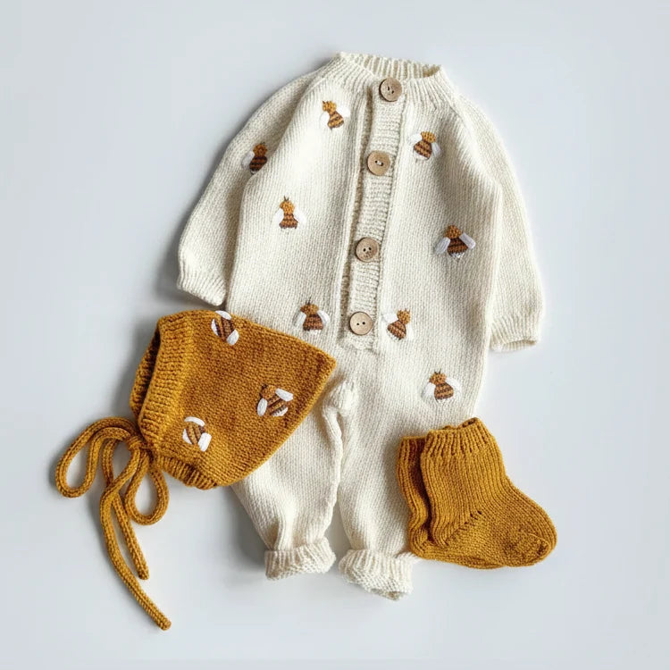 Newborn knit romper with button front, mustard bonnet and booties, bee appliques