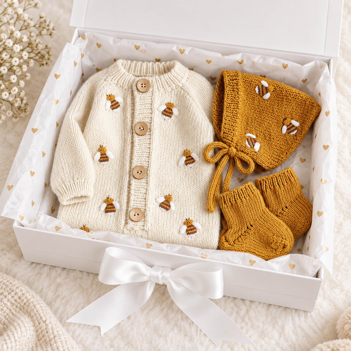 Newborn 3-piece knit set: cream romper, mustard bonnet and booties, bee print