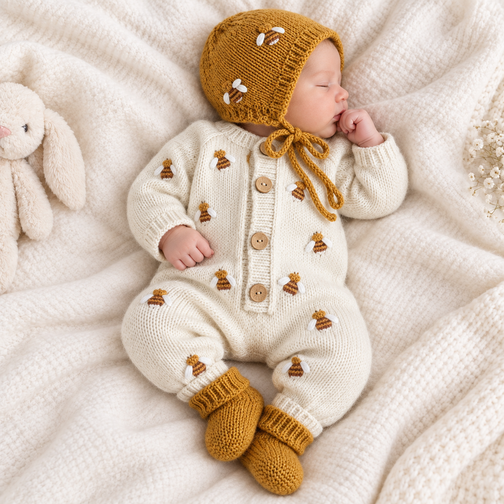 Newborn in cream knit romper with bee pattern, mustard bonnet, matching knit booties