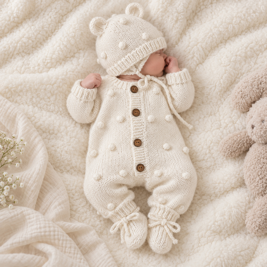 Newborn wearing hand-knit white romper with bonnet and booties, button front