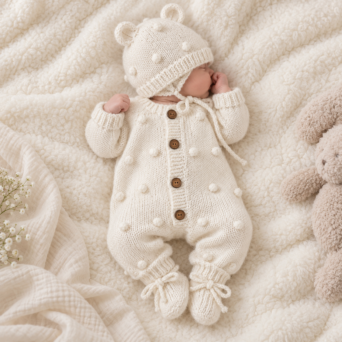 Newborn wearing hand-knit white romper with bonnet and booties, button front
