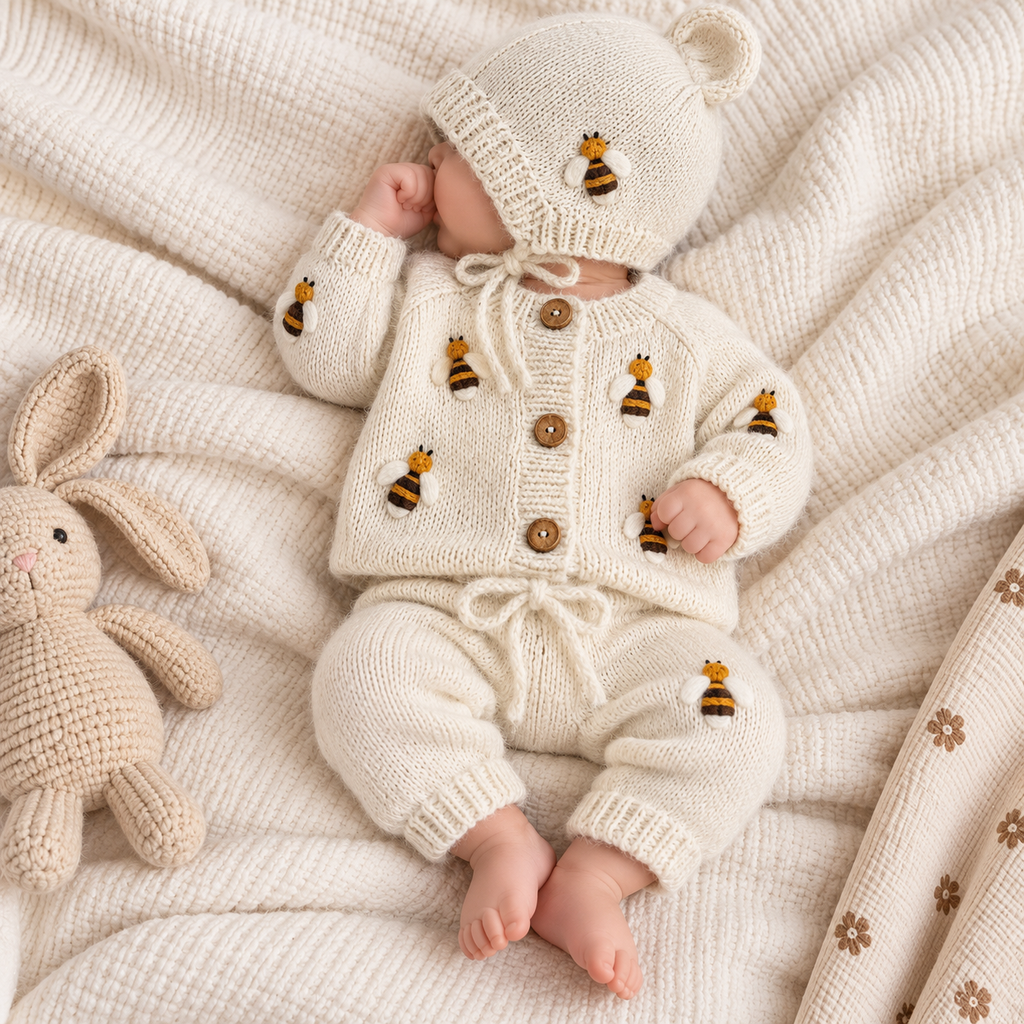 Newborn in cream knit romper and bonnet with bee motifs, matching pants