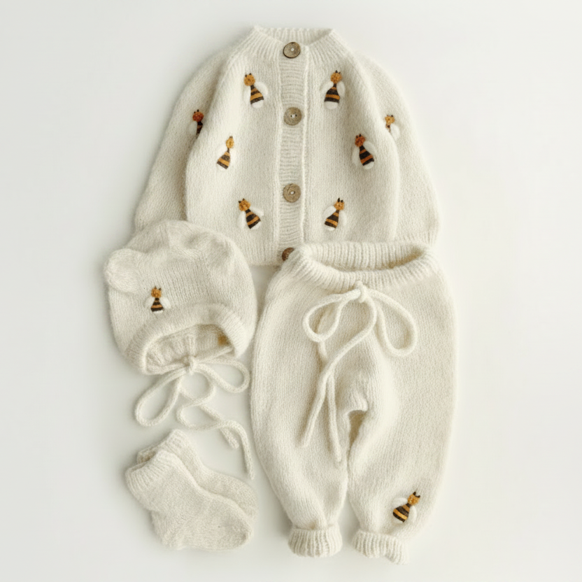 Newborn cream knit 4-piece set: romper, bonnet, booties, pants, bee motifs
