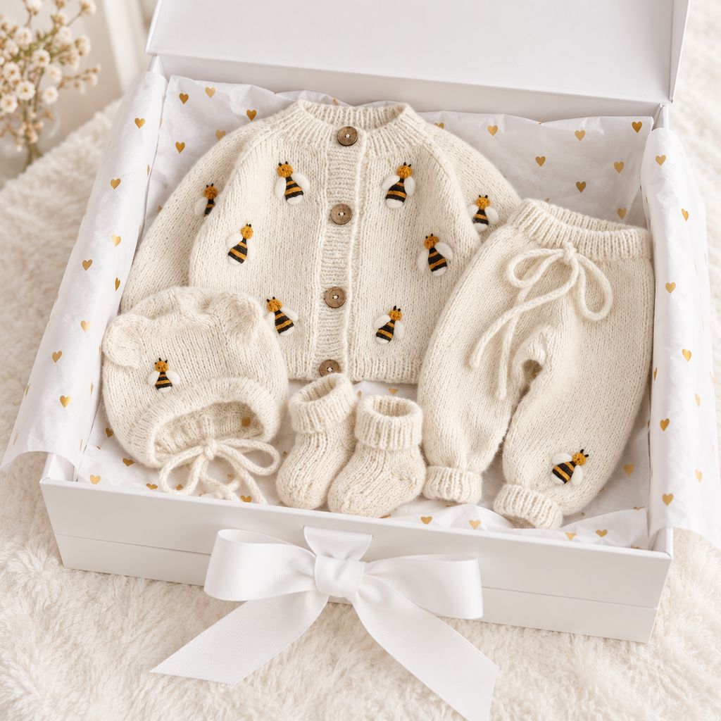 Newborn knit 4-piece set in cream displayed in gift box with bee motifs