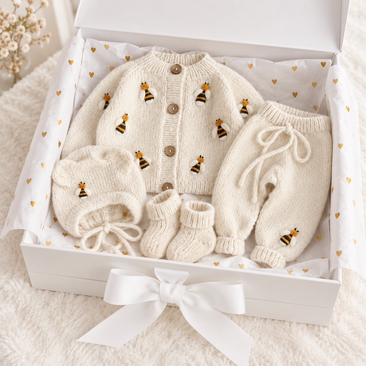 Newborn knit 4-piece set in cream displayed in gift box with bee motifs