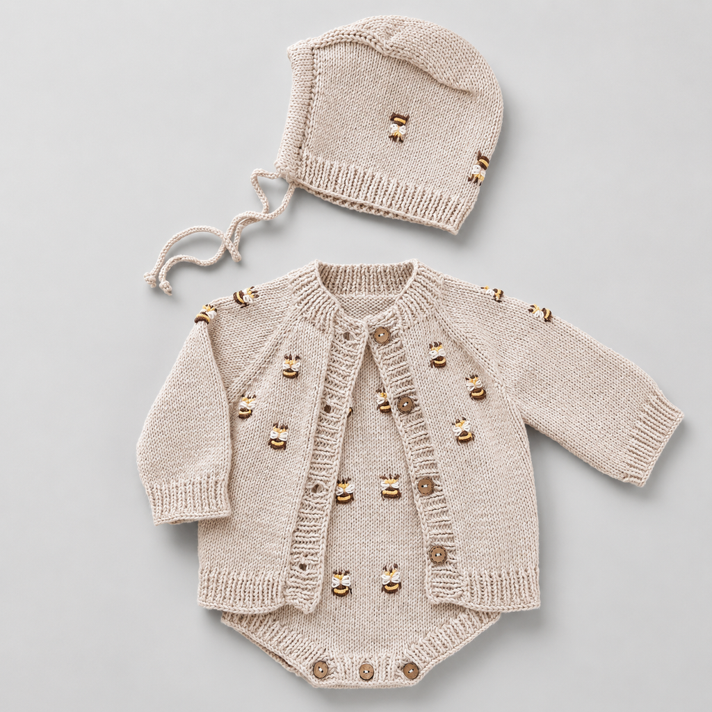 Cream newborn knit romper set with bee motifs, button cardigan and tied bonnet