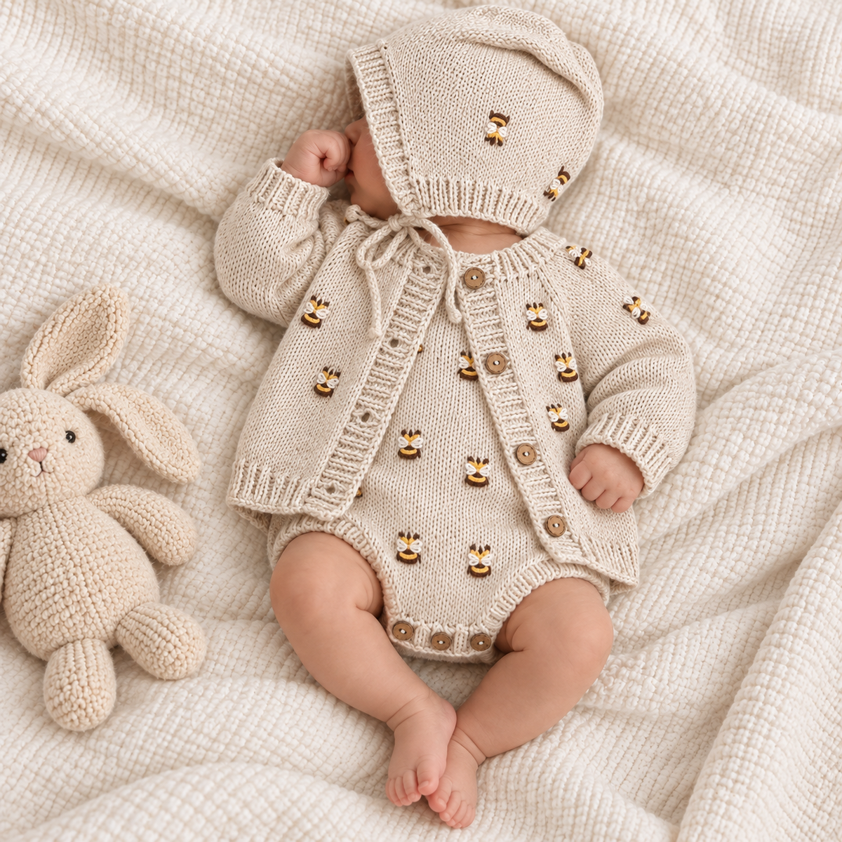 Cream newborn knit romper set with bee motifs, cardigan and bonnet with tiny matching booties