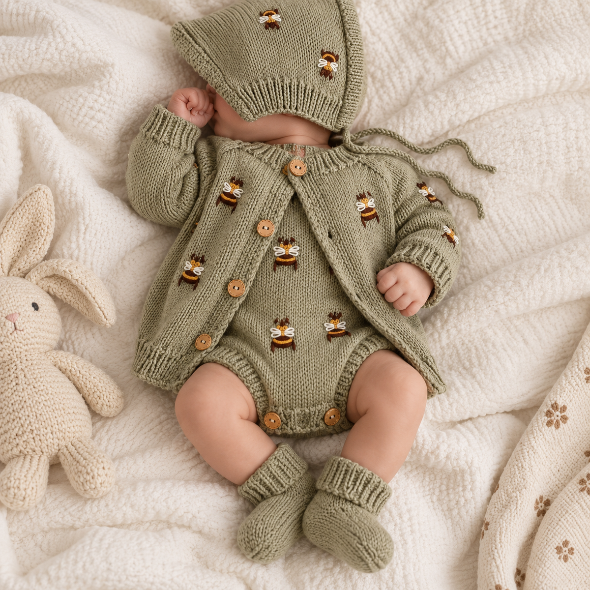 Sage green newborn knit romper set with bee details, cardigan, bonnet and matching booties