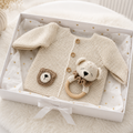 Knitted newborn cardigan set with bear rattle toy in gift box, cream