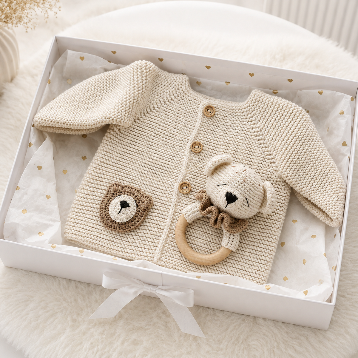 Knitted newborn cardigan set with bear rattle toy in gift box, cream