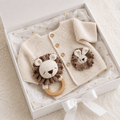 Newborn knitted cardigan set in gift box with lion rattle