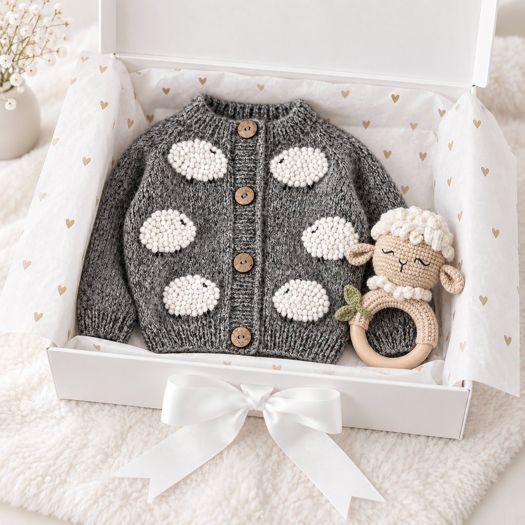 Newborn knit cardigan gift set with gray spots and sheep rattle in box