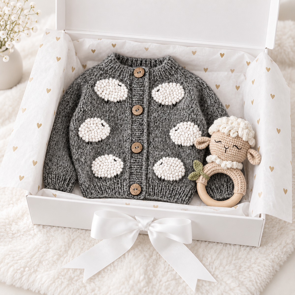 Newborn knit cardigan gift set with gray spots and sheep rattle in box