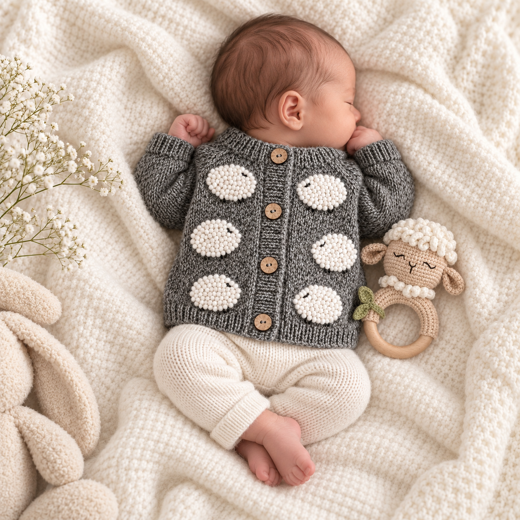 Baby in gray knit cardigan with pom-pom spots and sheep teether rattle