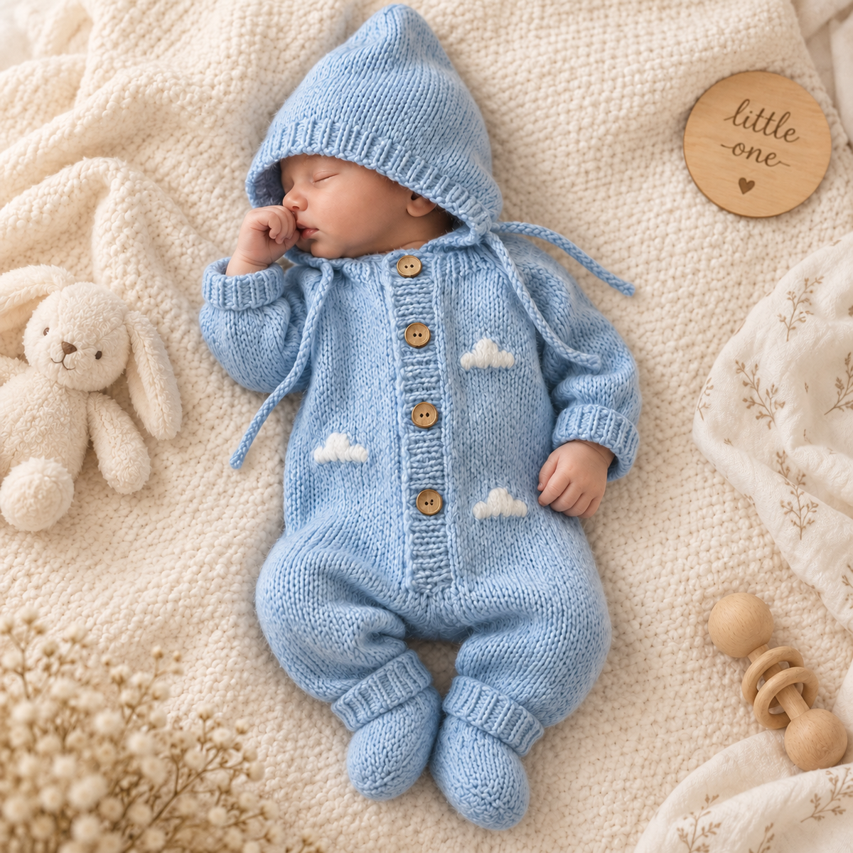 Newborn blue knitted romper with hood and cloud pattern, button front and long sleeves