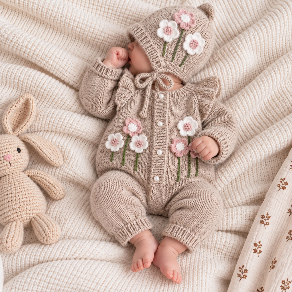 Newborn baby in beige knitted floral romper set with bonnet and booties