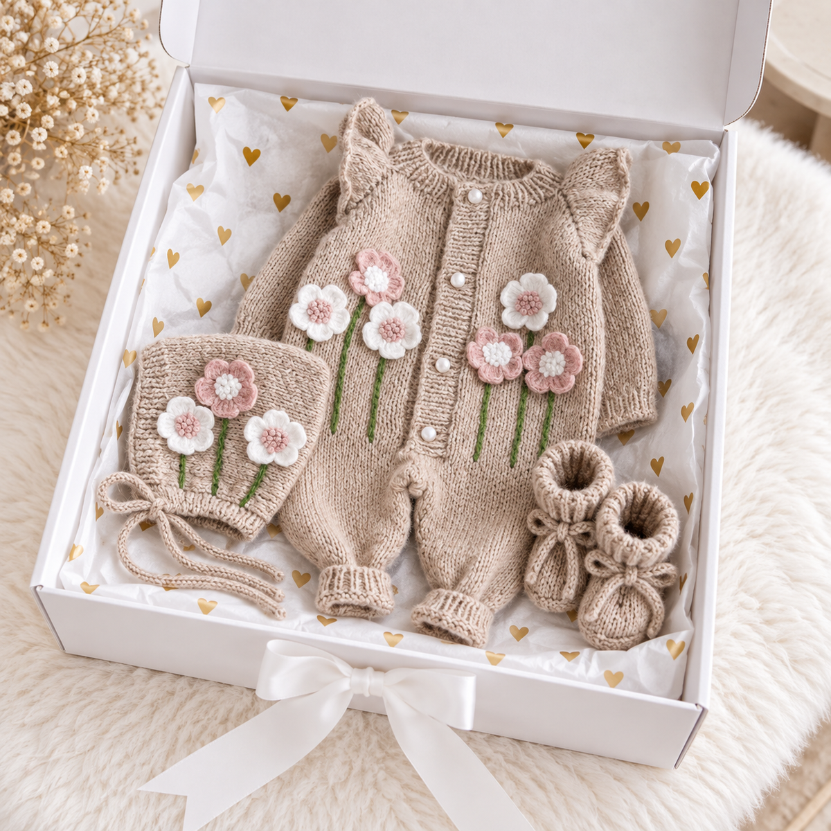 Knitted newborn set in gift box: floral romper, matching bonnet and booties
