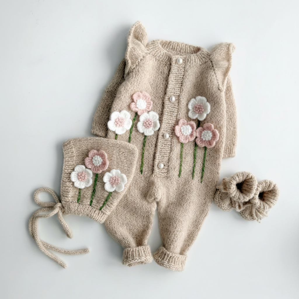 Beige knitted newborn romper set with floral flowers, green stems, button front and bonnet