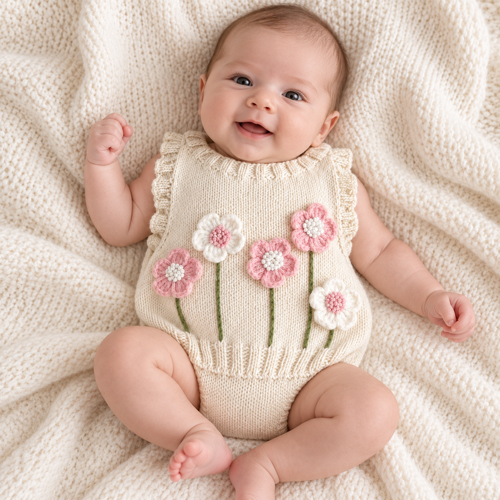 Hand-knit newborn floral sweater vest, cream knit with pink and white flower appliqués