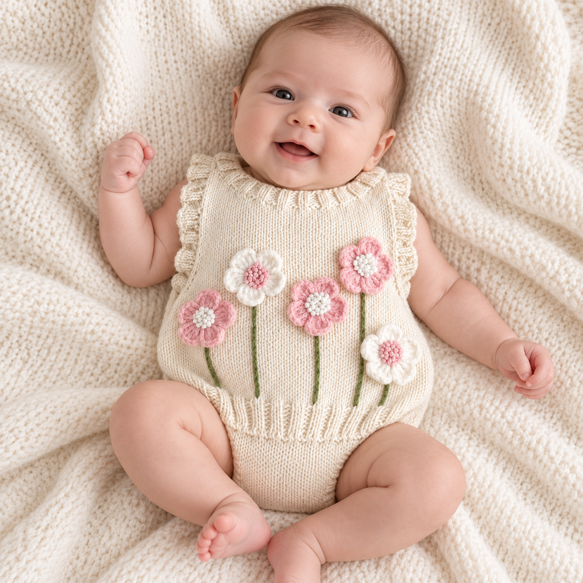 Hand-knit newborn floral sweater vest, cream knit with pink and white flower appliqués