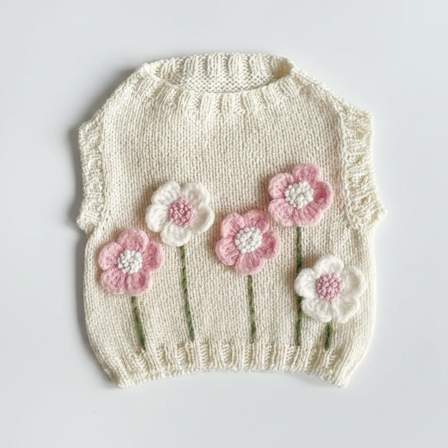 Hand-knitted newborn sweater vest with pink and white floral appliqués