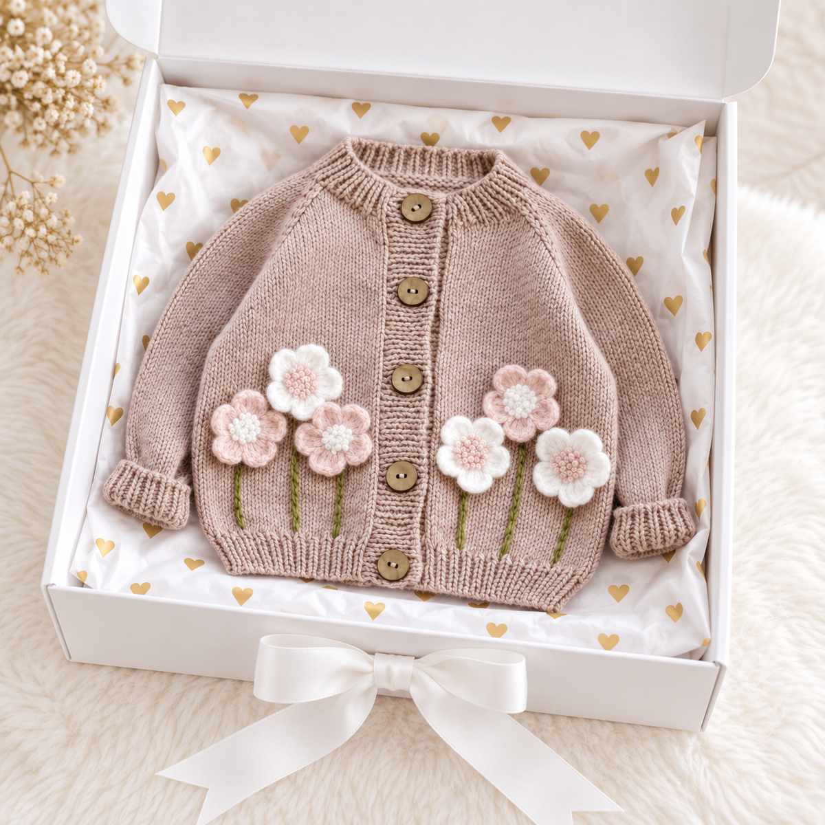 Newborn pink floral knit cardigan with wooden buttons and flower applique, long sleeves