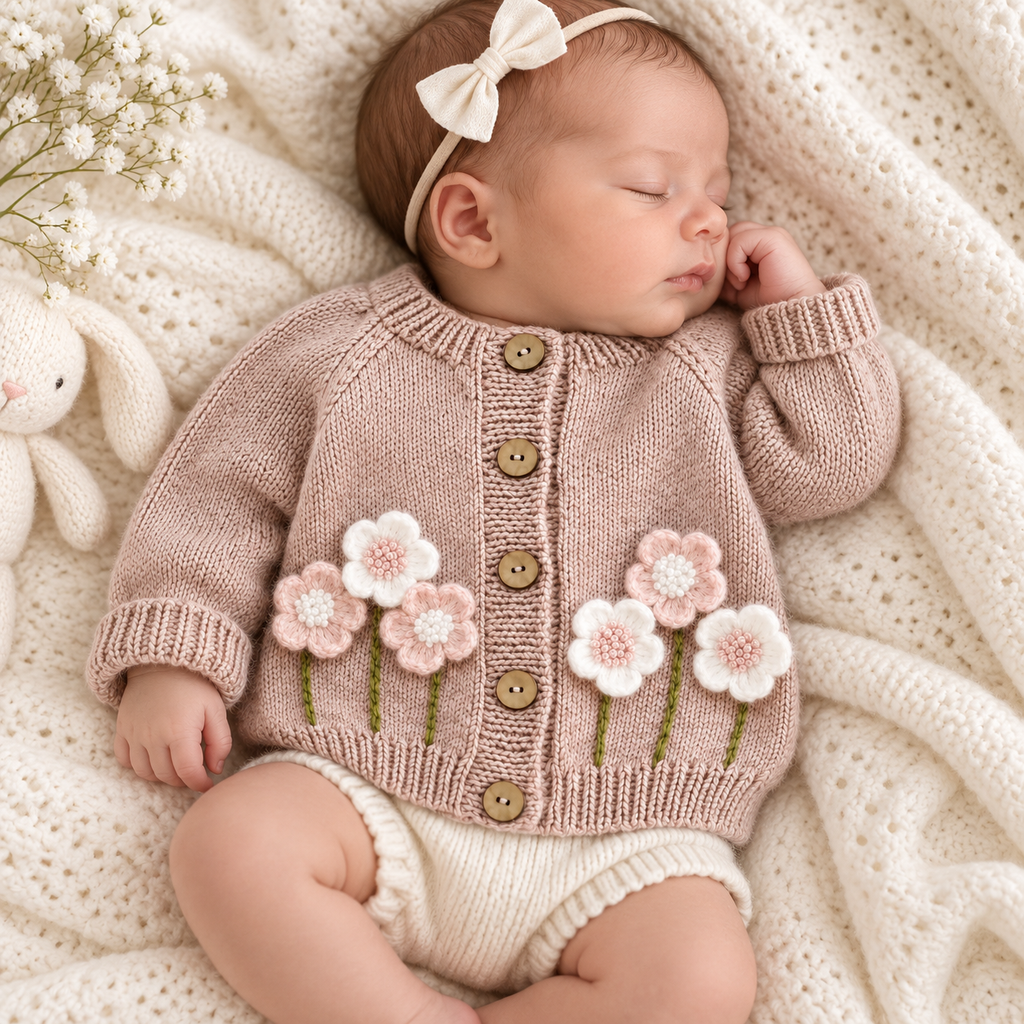 Newborn pink floral knit cardigan on sleeping baby, button front and flower applique
