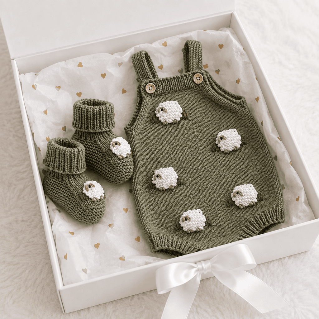 Knitted sage green newborn sheep romper and booties set in a gift box