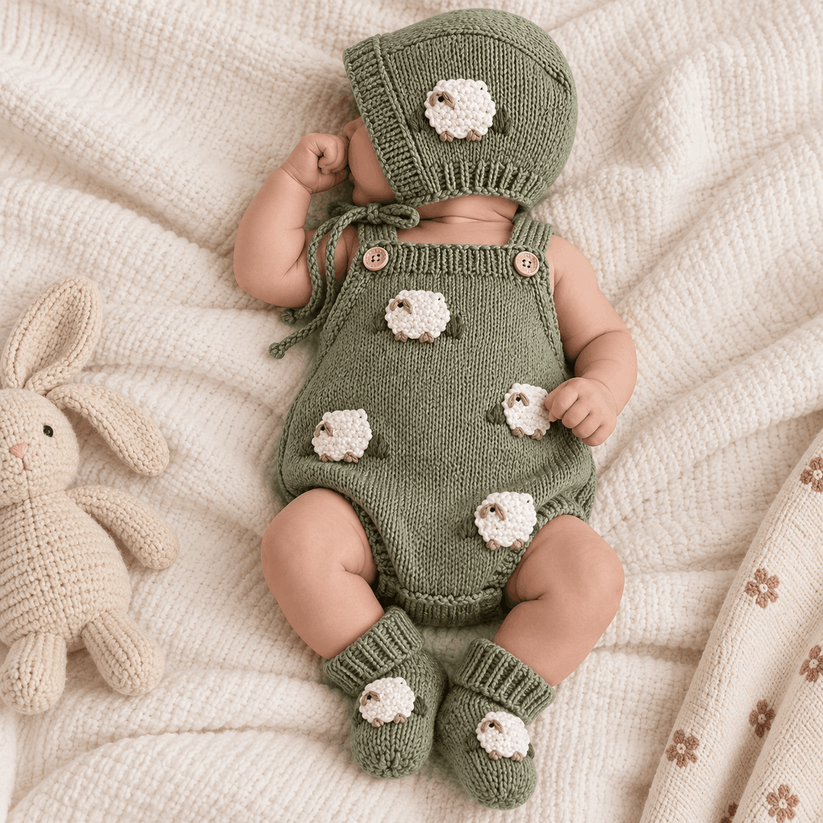 Newborn baby wearing sage green knitted sheep romper with matching booties
