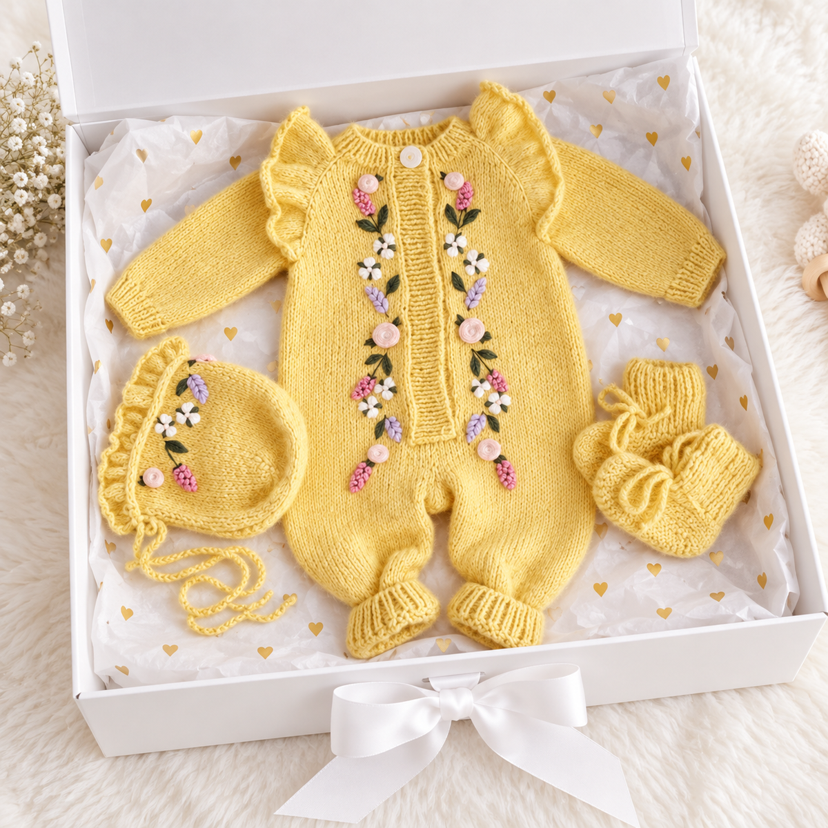 Newborn yellow knit romper set with floral appliques, matching bonnet and booties