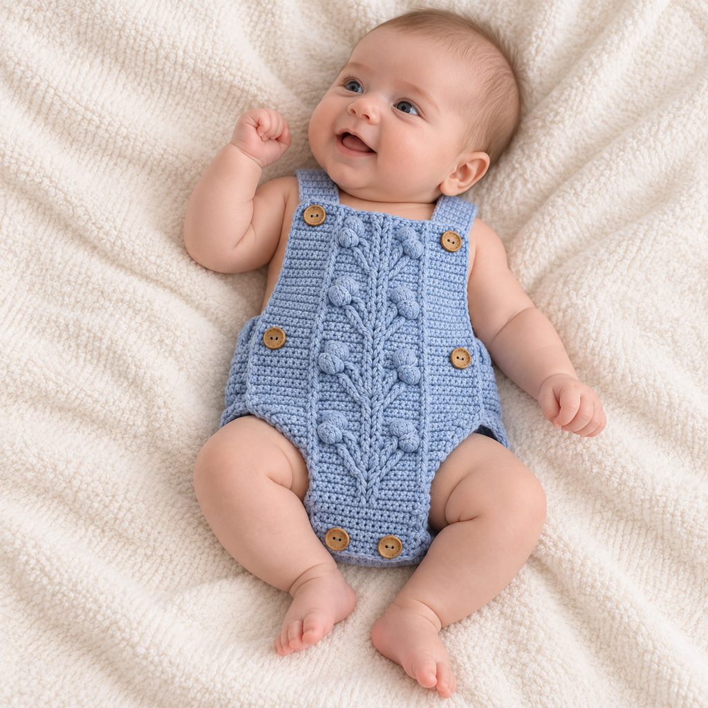Blue crochet newborn romper with buttoned straps and textured knit front for baby