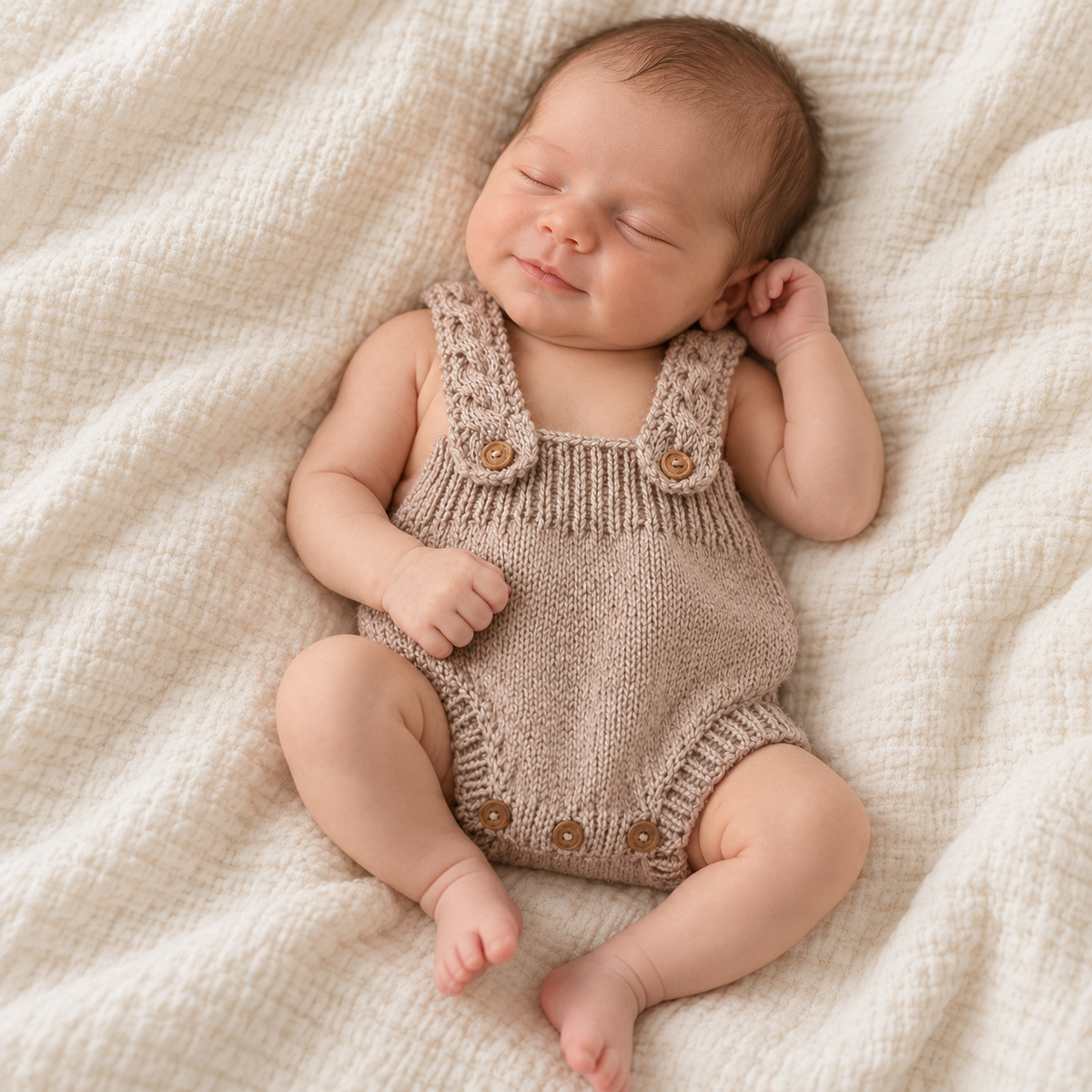 Newborn brown crochet dungaree romper with button straps worn by a baby